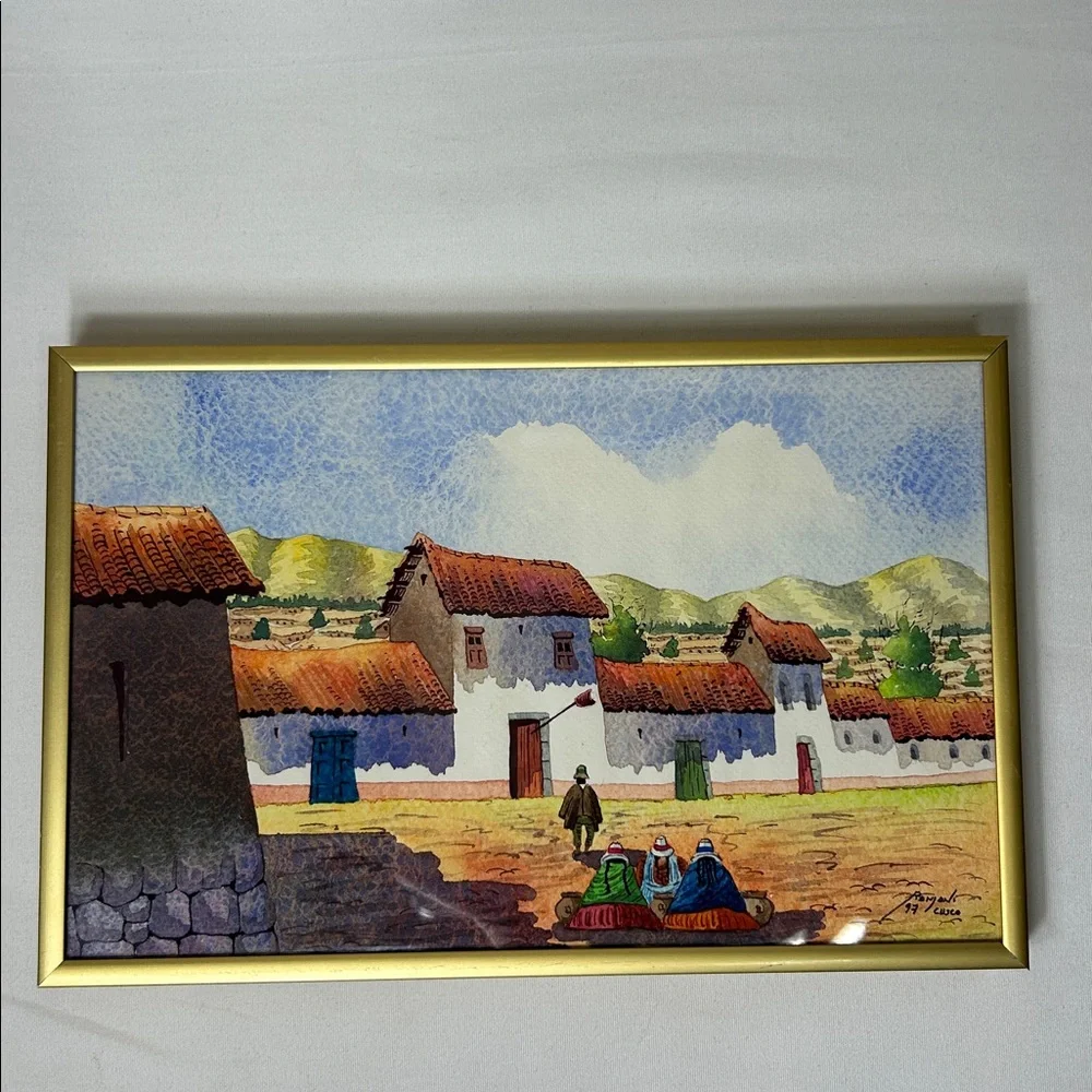 Vintage 1997 Original Signed Framed Watercolor Paint  Cultural Villa Cusco Peru